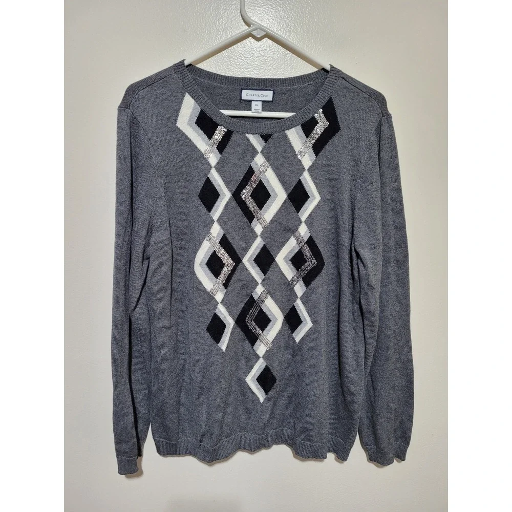 Charter Club Sweater Womens XL Grey‎ Sequin Geometric Diamond Crew Neck